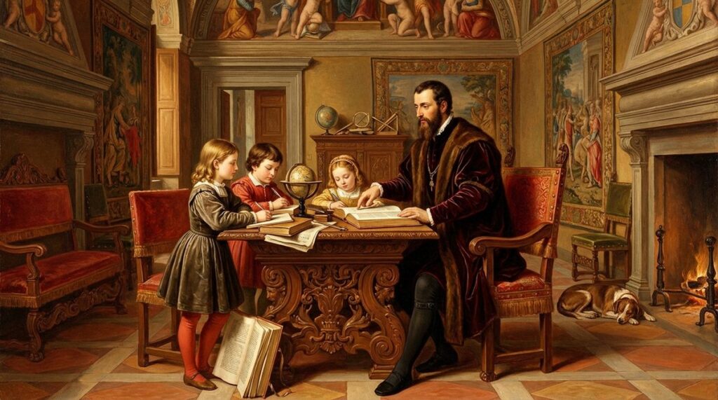 Ritratto di principini alla corte rinascimentale italiana con precettore umanista