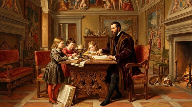 Ritratto di principini alla corte rinascimentale italiana con precettore umanista