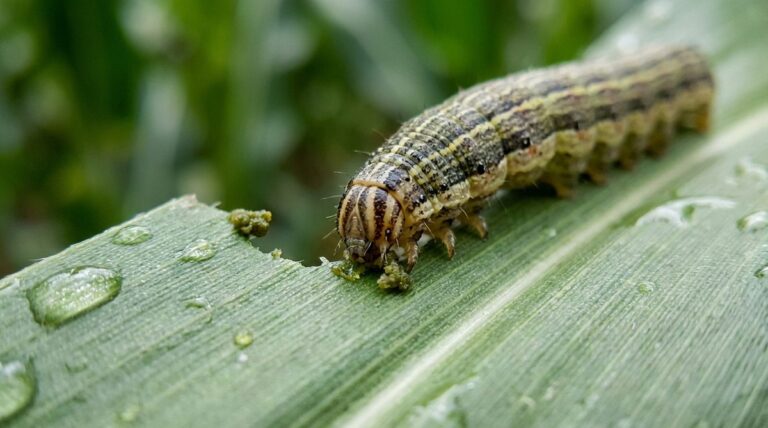 Larva di Spodoptera frugiperda su foglia di mais: danni da fitofago invasivo